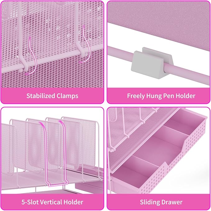 LEKETREE Pink Desk Organizer, Office Organization with Vertical File Holder, File Organizer with Drawer and Pen Holder, Desk Accessories and Workspace Organizers for Home Office (Pink)