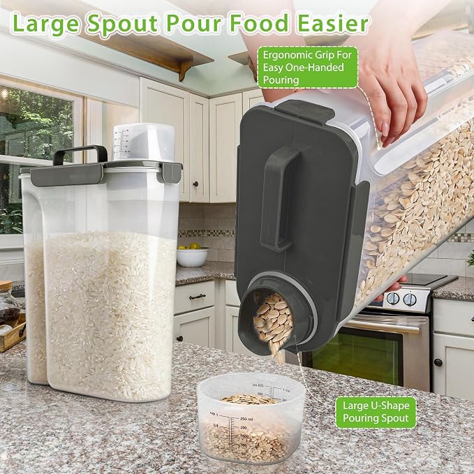 Viretec Rice Storage Container, 15 to 20lb Dry Food Airtight Dispenser, Pet Dog Cat Food Canister, BPA Free Clear Plastic Kitchen and Pantry Bin for Oatmeal, Cereal, Pasta, Flour Pack of 2 Grey