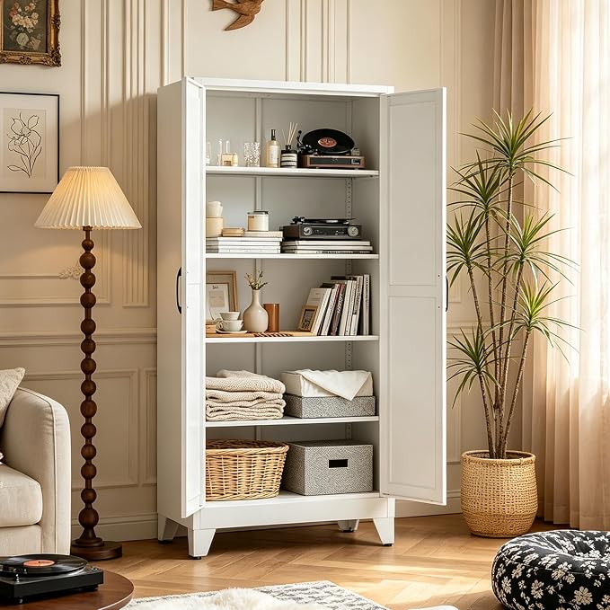 71"H White Pantry Kitchen Cabinet with Doors,Black Storage Cabinets,Freestanding Pantry Cabinet,Farmhouse Food Storage Cabinets,Tall and Large Pantry Cabinets for Kitchen, Dining Room, Living Room
