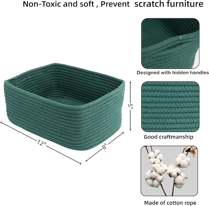XUANGUO Small Woven Storage Baskets for Shelves, 12" x 8" x 5", Dark Green | Decorative rope storage bins for closets and toy storage; cute organizer baskets, empty gift baskets and nursery storage.