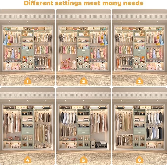 Besiost Closet System - 8FT Closet Organizer System with Wooden Drawers, 96" Closet Systems for Walk-In Closets with Cuttable Hanging Shelving, Green