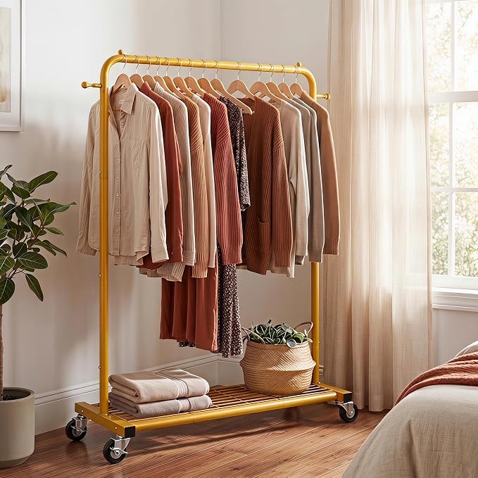 Sywhitta Metal Garment Clothing Rack on Wheels with Mesh Shelf,Gold Yellow | Rolling Garment Rack for Hanging Clothes, Coats, Skirts, 39.76" L x 16" W x 63.78" H,Space-Saving Mobile Organizer for Closet