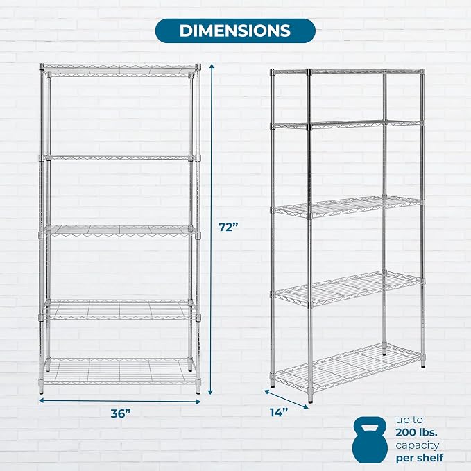 Honey-Can-Do 5-Tier Heavy Duty Adjustable Shelving Unit, 200-lb Per Shelf NSF Certified Metal Storage Rack, Chrome Wire Shelf for Garage Kitchen Pantry, 36 x 14 x 72 in