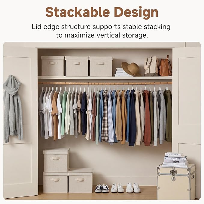 StorageWorks Fabric Storage Bins with Lids, Decorative Storage Bins with Soft Handles, Foldable Storage Baskets for Closet, Shelves, Stackable and Sturdy Organization, Beige, Jumbo, 3-Pack