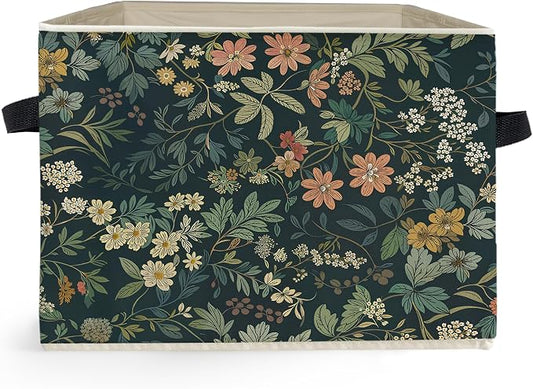 Dark Green Floral Botanical Storage Box Bins, Rustic Cottagecore Nature Flower Collapsible Storage Basket Organizer for Bedroom Bathroom Home Clothes Books, Decor for Room