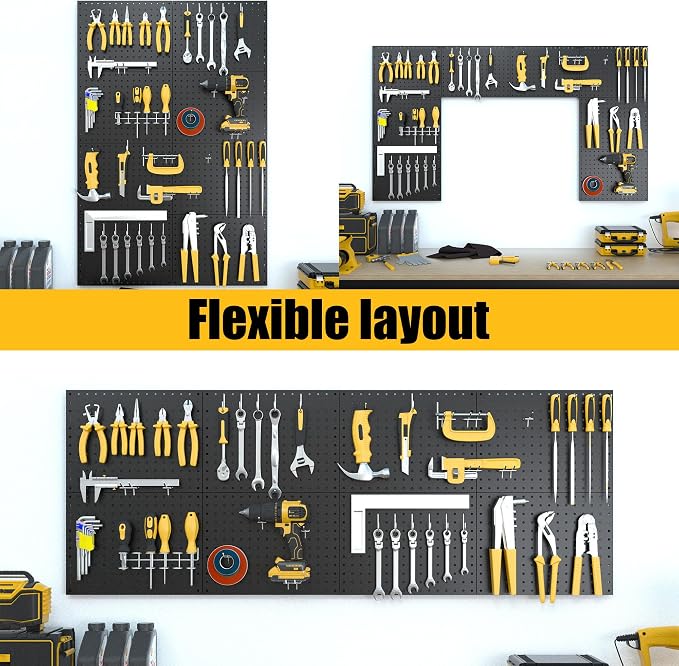 Spampur Peg Board, 8 Pack Metal Pegboard Panels with 50 Hooks | Black Pegboards Wall Organizer, Heavy Duty Peg Board for Garage Tool Storage, Office Organization, Craft Room, Kitchen