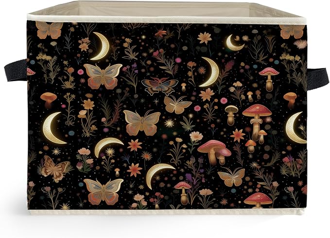 Enchanted Forest Boho Witchy Storage Box Bins, Mystical Moon Butterfly Mushroom Floral Collapsible Storage Basket Organizer for Bedroom Laundry Room Clothes Books, Decor for Room