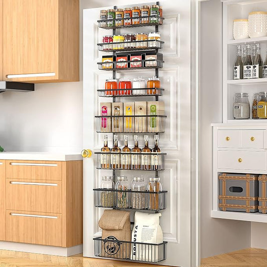 Moforoco Over The Door Pantry Organizer, Pantry Door Organizer Shelves, Kitchen Organizers and Storage, Hanging Basket Wall Spice Rack Seasoning Shelves, Laundry Room Bathroom accessories（Black