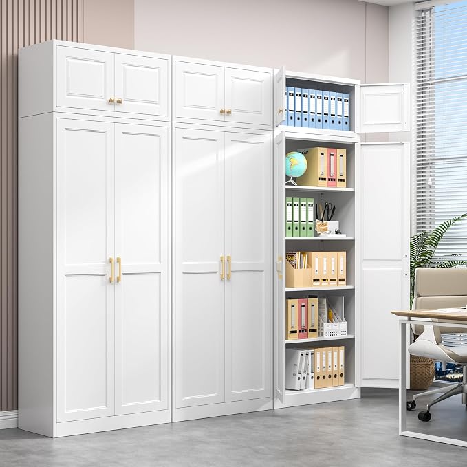 Polup 86" Tall Metal Kitchen Pantry Storage Cabinet with Doors and Shelves | Heavy-Duty White Cabinet, 4 Adjustable Shelving, Gold Handles, Magnetic Latch, for Dining Living Room, Bathroom & Garage