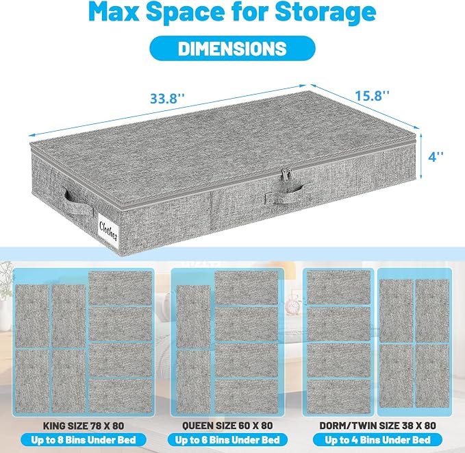 Under Bed Storage Container Bins 4 Pack, 4 Inch Thin Low Profile Underbed Clothes Storage Organizer for Dorm & Home, Use for Blanket and Toy Storage Box W/ Sturdy Bottom/Sides, Foldable Thick Fabric