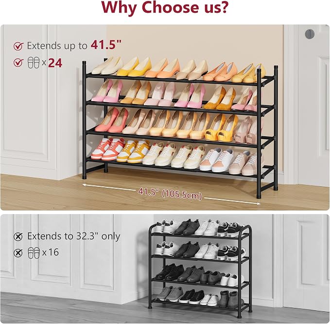 Expandable Shoe Rack for Closet 4 Tier, 28“-41“Stackable, Black | Adjustable Shoe Organizer Closet Shoe Rack Floor, Metal Shoe Shelf Storage for Entryway, Closet, Garage, Front Door Entrance