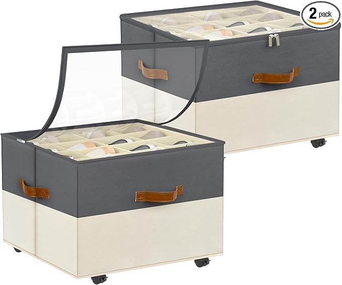 Foyego 2 Pack Shoe Organizer for Closet, with Wheels, Beige and Grey | Fits 32 Pairs, with Adjustable Dividers and Clear Cover, Saving Space Foldable Fabric Closet Shoe Storage Organizer Box Bins