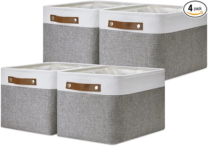 DULLEMELO Fabric Baskets for Storage, Office, Home,Nursery,Organizing Baskets for Shelves, Bedroom, Toys,Gift,Fabric Storage Basket with Handles(White&Grey,L-15"x11"x9.5",4-Pack)
