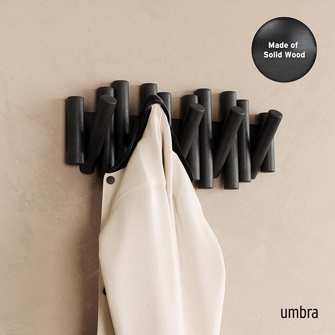 Umbra Picket Wall-Mounted Coat Rack Rail Hook with 5 Retractable Wood Pegs – Modern, Space-Saving Storage Organizer, Black
