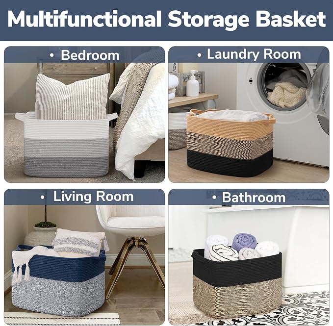 Goodpick 50L Large Cotton Rope Storage Basket, 18" x 14" x 12", Blue | Blankets, Pillows & Toys Storage, Decorative Rectangle Basket, Living Room & Bedroom Organization, Built-In Handles