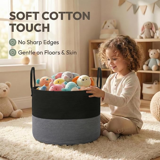 JMvicyroam 65L Extra Large Machine Washable Cotton Rope Blanket Basket | Collapsible laundry hamper, Reinforced handles, For blankets, pillows, toys and clothes, Living room and bedroom, Black&Grey