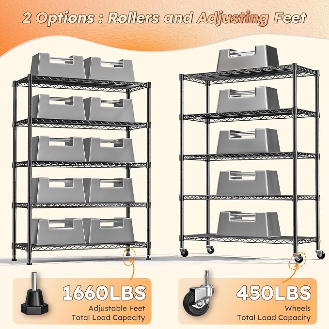 REIBII 5-Tier Storage Shelves 1660LBS Wire Shelving Unit with Wheels | 73''H heavy duty shelves,lock casters or switch to leveling feet, tool-free setup, fits kitchen,pantry,garage,black