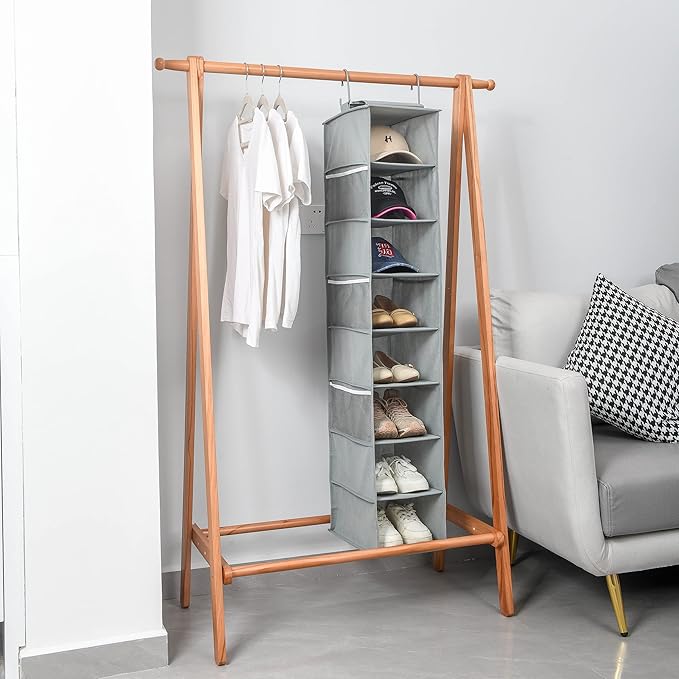Berdeng Hanging Shoe Organizer for Closet with Side Mesh Pockets，Hat Racks for Baseball Caps，Shoe and Hat Holder & Storage，8-Shelf，Gray，2 Pack