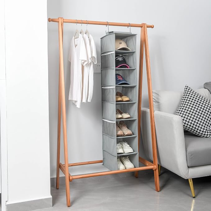 Berdeng Hanging Shoe Organizer for Closet with Side Mesh Pockets，Hat Racks for Baseball Caps，Shoe and Hat Holder & Storage，8-Shelf，Gray，1 Pack
