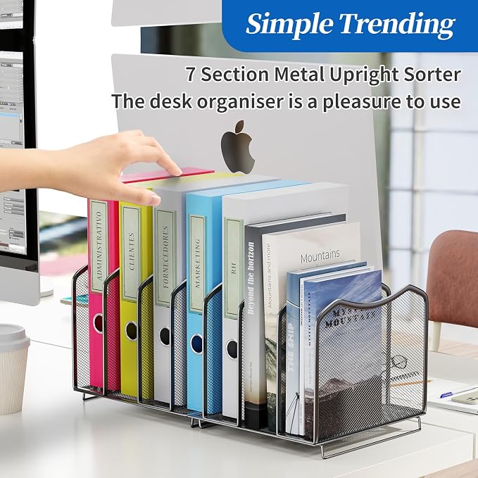 Simple Trending 2 Pack Mesh Desktop File Sorter Organizer, 7-Section Bookshelf For Desk Home Office, Black