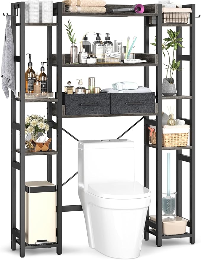 Besiost Over The Toilet Storage, 11 Tier Bathroom Organizer with Dual Side Racks and 2 Fabric Drawers, Adjustable Freestanding Rack Space Saver for Small Spaces, Grey Oak
