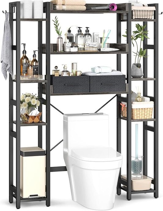 Besiost Over The Toilet Storage, 11 Tier Bathroom Organizer with Dual Side Racks and 2 Fabric Drawers, Adjustable Freestanding Rack Space Saver for Small Spaces, Grey Oak