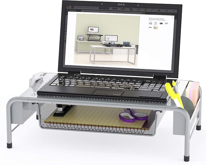 Simple Houseware Metal Desk Monitor Stand Riser w/ Organizer Drawer, Silver | Side Storage for Office Supplies