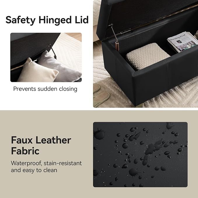 WUTUTUEE 41" Faux Leather Storage Ottoman, Stitch Tufted Rectangle Upholstered End of Bed Storage Bench, Entryway Large Couch Ottoman with Wooden Legs, Dark Black