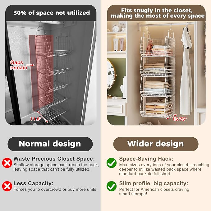 4" Extra Deeper Foldable Hanging Closet Organizer, Small Wire Cabinet Shelves and Storage with 5 S Hooks,4 Tier Metal Basket Bins for Clothes Sweaters Handbags, Wardrobe for Kitchen Laundry Room，White