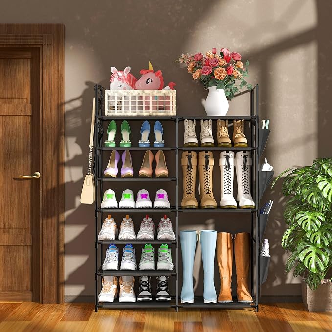 Kottwca 7 Tiers Shoe Rack Metal Shoe Organizer for Entryway Closet, 24-28 Pairs Stackable Shoe and Boots Shelf Storage Cabinet with Hooks and Side Hanging Pockets for Bedroom, Garage, Black