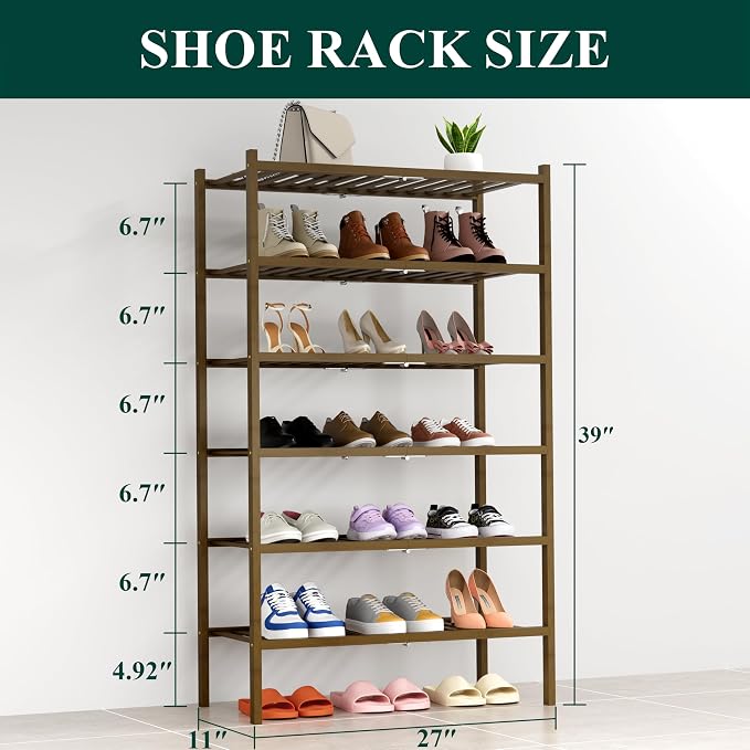 Smiry Bamboo Shoe Rack, 14 Vertical Slats, 6 Tier - 26.8" Wide, Walnut | Stackable Free Standing Wooden Shoe Organizer, Wood Shoe Storage Shelf for Closet, Entryway, Thicher Leg