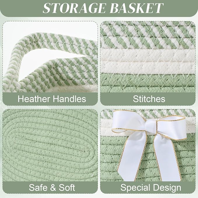 Colingmill 1 Set Woven Empty Basket for Gift,Sage Green White | with Cellophane Wrap Set, 14 x 10 x 5.5 Inch, Medium Decorative Gift Basket, Cotton Rope Storage Box, Home Decor