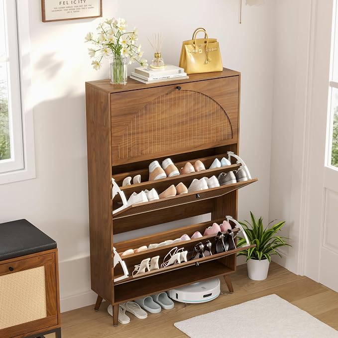 Fsbecl Shoe Storage Cabinet for Entryway with 3 Fluted Flip Drawers, Walnut | Narrow Design, Freestanding Shoe Rack with Adjustment Shelves, Wooden Hidden Organizer for Hallway Foyer, 18-24 Pairs