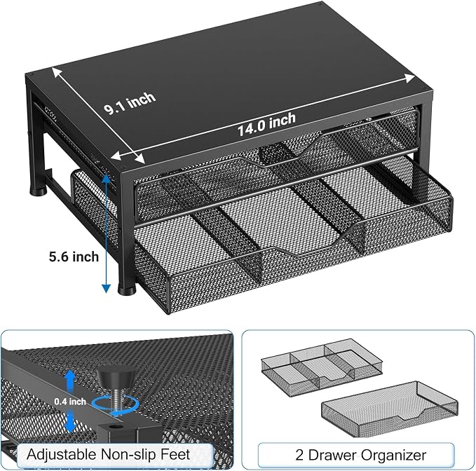 Computer Monitor Stand Riser, Desk Organizer with Drawer, Printer & Laptop Stand, Office Desk Accessories & Workspace Desktop Organizers Storage for Office Supplies(Black Double-Drawer)