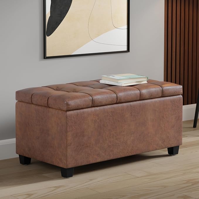 SIMPLIHOME Sienna 33" Wide Vegan Leather Storage Ottoman in Midnight Black | Distressed saddle brown, transitional ottoman with tufting and lift-up lid; rectangle storage bench for living room.
