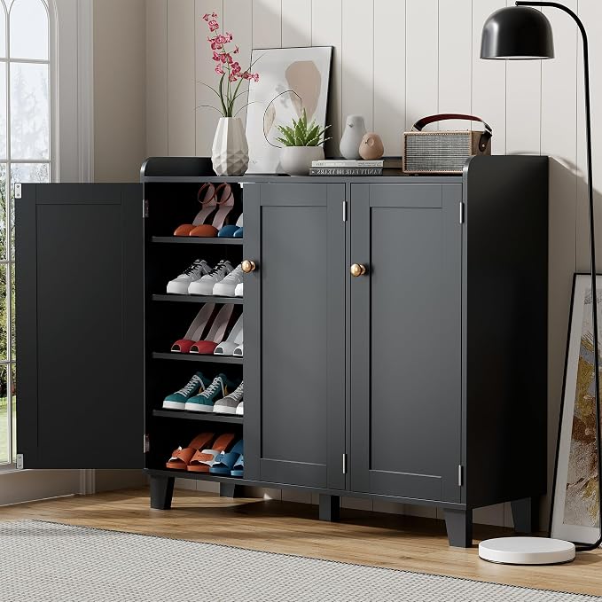 Shoe Storage Cabinet with 3 Doors and Adjustable Shelves，40 Inch Tall Farmhouse Flat-Shelf Wooden Shoe Cabinet，Shoe Rack Shoe Organizer Cabinet for Hallway Entryway Living Room （Black）