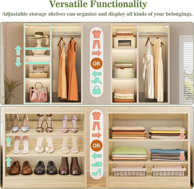 Besiost Closet System, 4.2–8.8 FT Closet Organizer with 2 Wooden Drawers and Shelves, Walk-in Closet System with 5 Hang Rods, Built-in Reach in Closet Tower, Can Fit 60 to 96 inch, Greige Oak