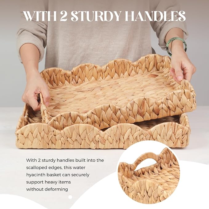 Scalloped Water Hyacinth Tray, Hand-Woven Wicker Storage Baskets with Scalloped Edge and Handles (17x13x3 inch) Rectangular Handwoven Trays, Water Hyacinth Basket, 2 Pack