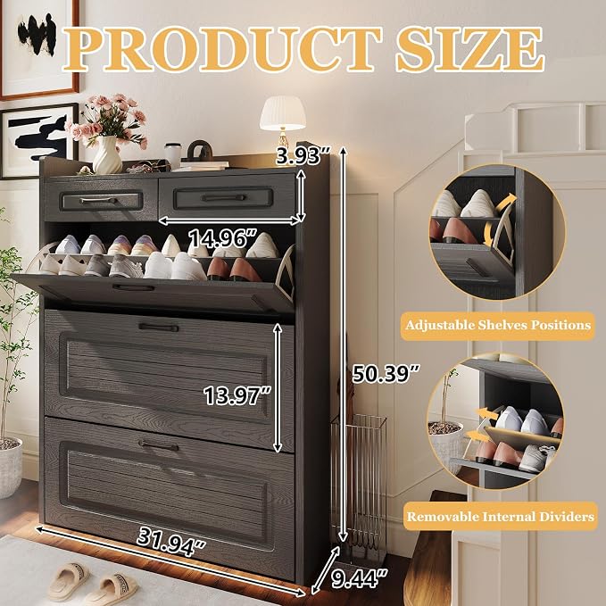 ODUWA Shoe Cabinet with 3 Flip Drawers and 2 Storage Drawers, Shoes Organizer Cabinets with Adjustable Divider, Hidden Shoe Storage Cabinet for Entryway, Hallway, Living Room, Dark Grey