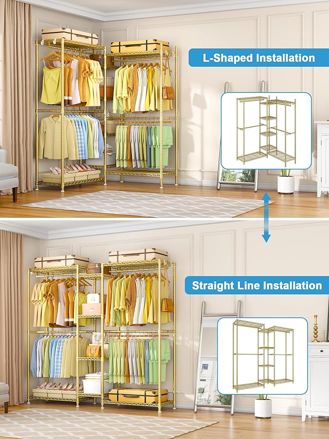 Ulif E4 Clothes Rack, Heavy-Duty Garment Rack Can Be L-Shaped Closet, Gold | Metal Freestanding Clothing Organization Storage System with Shelves and Hangers, Load 962lbs, 70.8"W x 14.5"D x 79.3"H