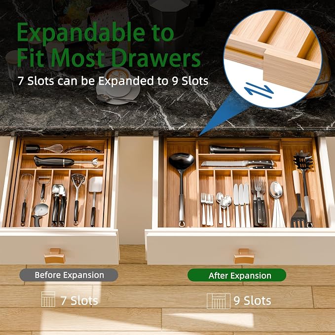 Simple Trending Expandable Bamboo Kitchen Drawer Organizer, Natural | Adjustable Silverware Organizer with 9 Compartments, Practical Utensil Cutlery Tray for Flatware, Flexible Storage