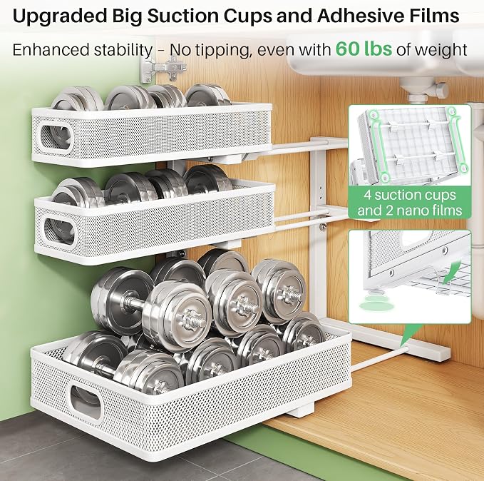 Kitstorack Under Sink Organizer, 2-Pack 3-Tier Height Adjustable Thickened Metal Pull out Cabinet Organizer Shelf, Slide out Storage Drawer Rack for Bathroom Kitchen Pantry Home Laundry Organization