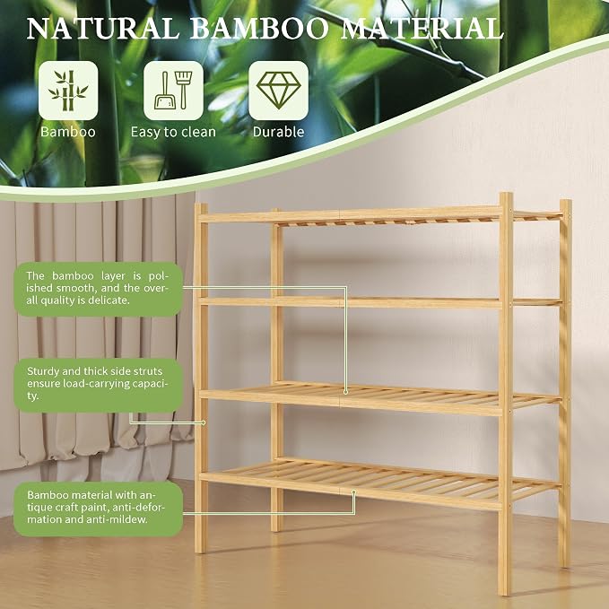 ROMGUAR CRAFT 4 Tier Bamboo Shoe Rack for Closet Free Standing Wood Shoe Shelf for Entryway Small Space Stackable 27"x11"x26" (Natural)