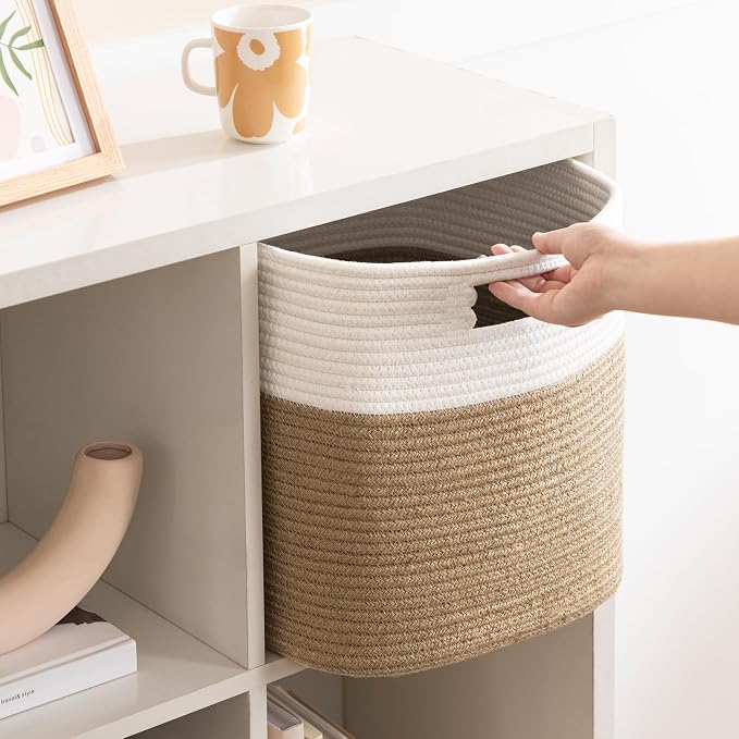 UBBCARE Set of 4 Storage Basket-13 X 13 X 13 in, Cotton Rope Basket for Shelves, Toys, Book, Cube Storage Bins with Handles, Woven Storage Basket for Organizing, White & Jute