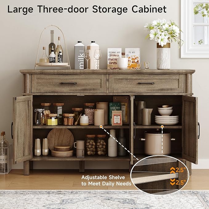 55 Inch Buffet Cabinet with Storage, Farmhouse Sideboard Buffet w/2 Drawers and 3 Doors, Coffee Bar Cabinet with Adjustable Shelves, Sideboard Storage for Kitchen, Living Room, Washed Grey