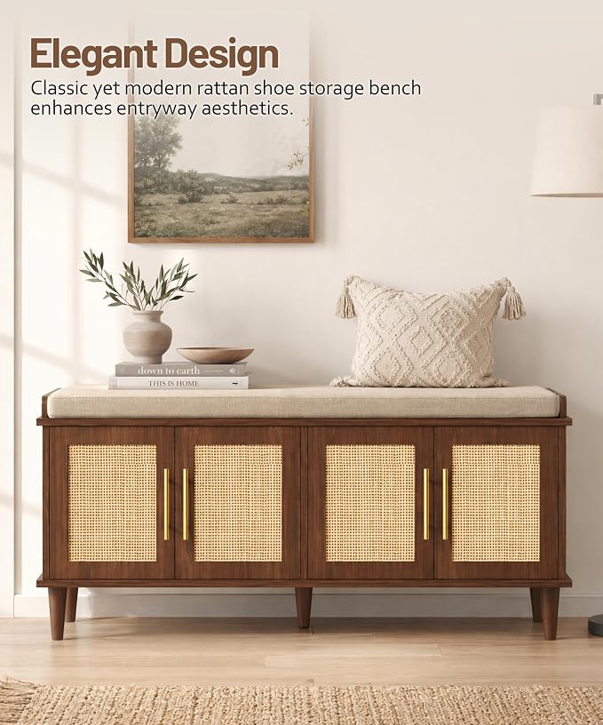 Akxomel 47.2" Rattan Shoe Storage Bench 4 Doors Entryway Bench Walnut | 2 Tier Shoe Bench with Padded Cushion, Adjustable Shelves and 4 Doors, Solid Wood Legs, for Hallway, Living Room, Bedroom