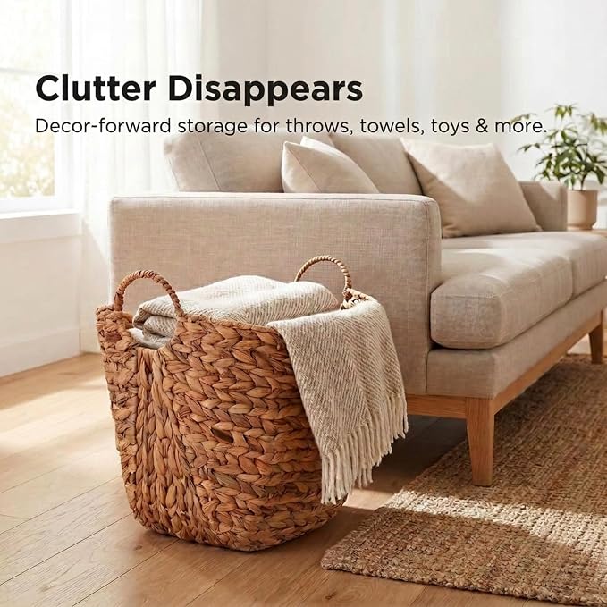 Household Essentials ML-4002 Tall Water Hyacinth Wicker Basket with Handles | Natural, Brown, Natural