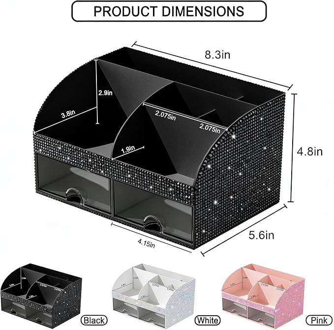 Bling Makeup Organizer with Drawers, Cosmetic Storage for Dresser Vanity and Bathroom Countertop, Beauty Holder for Lipstick Brush, Skincare Organizer for Vanity, Cosmetic Display Case Bling Black