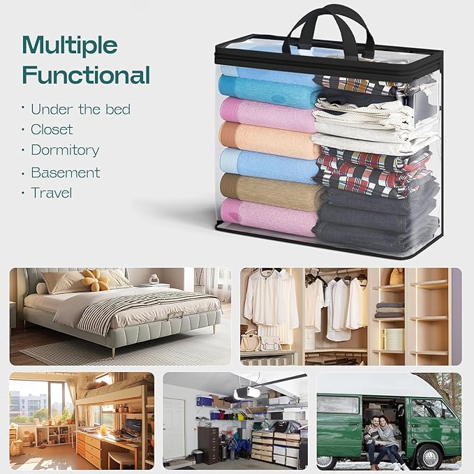 Under Bed Storage Bags Organizer, 22L Clear Storage Bags, Bags Organizer Clear Zipper Containers Bedroom, Storage Bag for Sweater, Clothes, Shoe Toy, Blanket, Sheet (Black,10PACK)