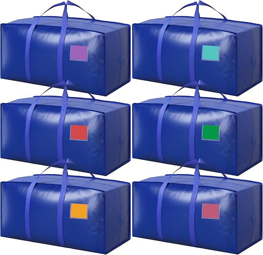6 Pack Moving Bags with Full-Open Side Zipper, Extra Large 93L Heavy Duty Waterproof Foldable Storage Totes for College Dorm, Moving & Home Organization,Blue